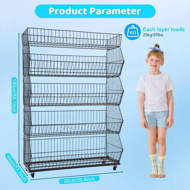 Alt view image 3 of 6 - Retail Display Rack 5-Tier Market Merchandise Display Shelf Fruit Store Storage Shelf Vegetable Snack Basket Retail Store Supplies with Wheels for Home Store Market (18" D X 35" W X 55" H)
