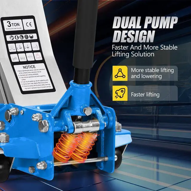 Alt view image 3 of 6 - 3 Ton Floor Jack, Aluminum and Steel Low Profile Jack with Dual Pistons Quick Lift Pump for Cars & SUVs, Lifting Range 2-19/20" to 20-1/10, Blue