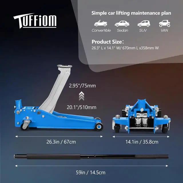 Alt view image 4 of 6 - 3 Ton Floor Jack, Aluminum and Steel Low Profile Jack with Dual Pistons Quick Lift Pump for Cars & SUVs, Lifting Range 2-19/20" to 20-1/10, Blue