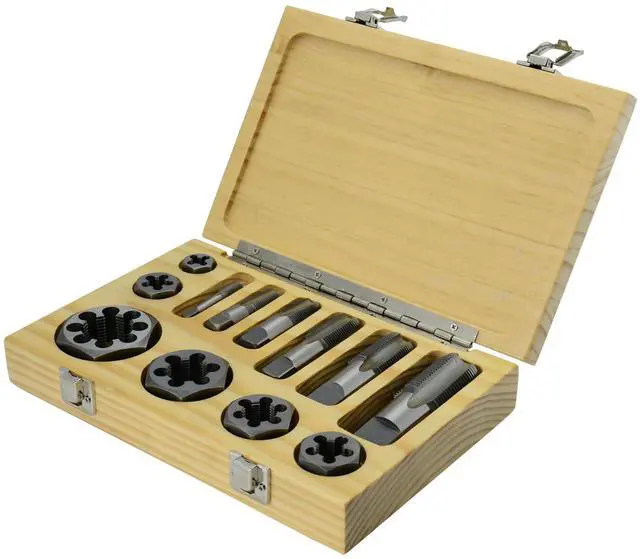 Main image of 12 Piece Carbon Steel NPT Pipe Tap and Die Set, 1/8", 1/4", 3/8", 1/2", 3/4" and 1" in Wooden Case
