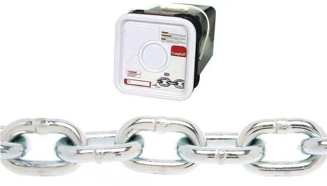 Main image of 0143626 System 3 Grade 30 Low Carbon Steel Proof Coil Chain in Square Pail, Zinc Plated, 3/8" Trade, 0.37" Diameter, 45' Length, 2650 lbs Load Capacity