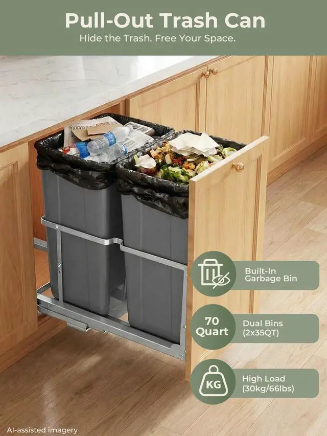 Alt view image 2 of 6 - Pull Out Trash Can Under Cabinet, 35QT x2 Soft-Close Under Sink Garbage Bin with Full-Extension Slides, Heavy Duty Dual Recycling Waste Container for Kitchen Cabinet, Sink, 2 Bins Included