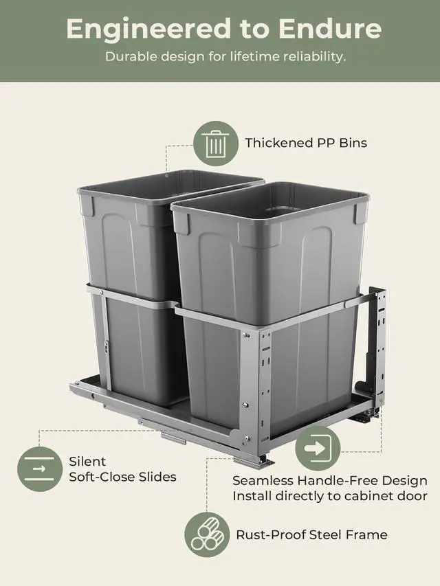 Alt view image 3 of 6 - Pull Out Trash Can Under Cabinet, 35QT x2 Soft-Close Under Sink Garbage Bin with Full-Extension Slides, Heavy Duty Dual Recycling Waste Container for Kitchen Cabinet, Sink, 2 Bins Included