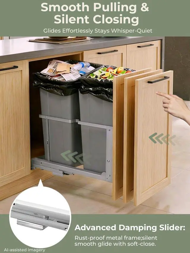 Alt view image 4 of 6 - Pull Out Trash Can Under Cabinet, 35QT x2 Soft-Close Under Sink Garbage Bin with Full-Extension Slides, Heavy Duty Dual Recycling Waste Container for Kitchen Cabinet, Sink, 2 Bins Included