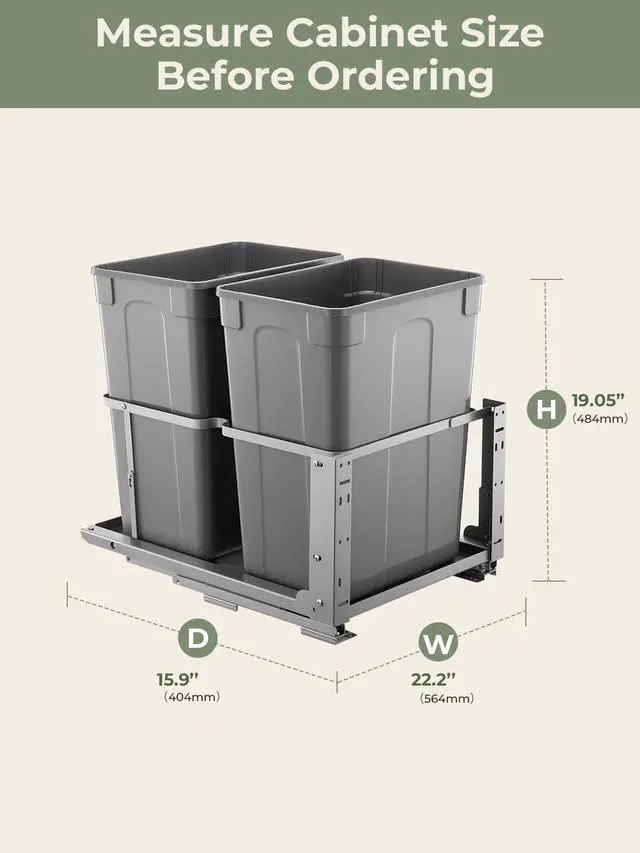 Alt view image 5 of 6 - Pull Out Trash Can Under Cabinet, 35QT x2 Soft-Close Under Sink Garbage Bin with Full-Extension Slides, Heavy Duty Dual Recycling Waste Container for Kitchen Cabinet, Sink, 2 Bins Included
