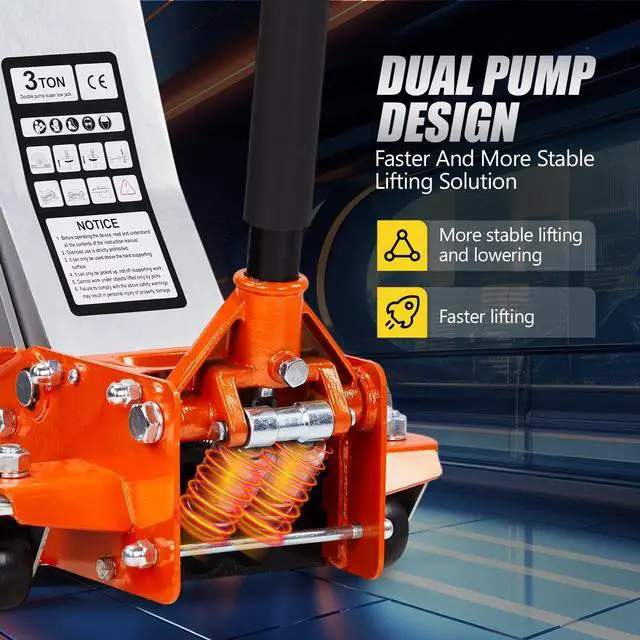 Alt view image 3 of 6 - 3 Ton Floor Jack, Aluminum and Steel Low Profile Jack with Dual Pistons Quick Lift Pump for Cars & SUVs, Lifting Range 2-19/20" to 20-1/10", Orange