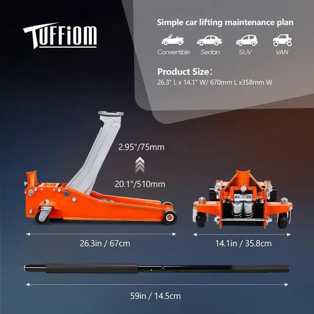 Alt view image 4 of 6 - 3 Ton Floor Jack, Aluminum and Steel Low Profile Jack with Dual Pistons Quick Lift Pump for Cars & SUVs, Lifting Range 2-19/20" to 20-1/10", Orange