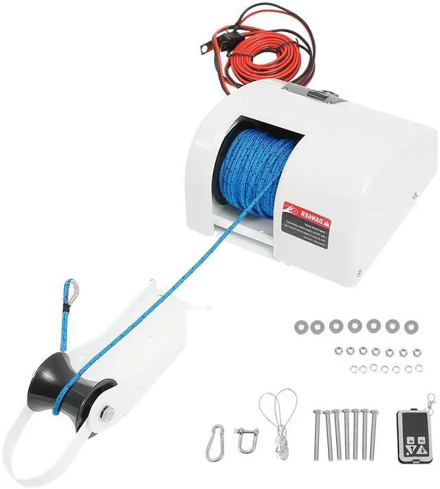 Main image of Electric Anchor Winch, 45 LBS Electric Anchor Winch for Boat 12 Volt Motor Towing Winches Boat Winch with Wireless Remote Control and 100FT Anchor Rope, Rope Strength 700 LBS (White 25 LBS)