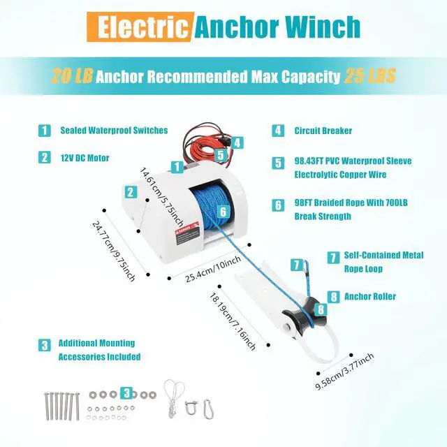 Alt view image 3 of 6 - Electric Anchor Winch, 45 LBS Electric Anchor Winch for Boat 12 Volt Motor Towing Winches Boat Winch with Wireless Remote Control and 100FT Anchor Rope, Rope Strength 700 LBS (White 25 LBS)