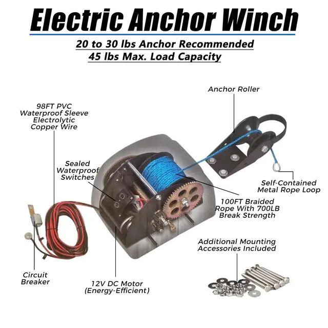 Alt view image 3 of 6 - Electric Anchor Winch, 45 LBS Electric Anchor Winch for Boat 12 Volt Motor Towing Winches Boat Winch with Wireless Remote Control and 100FT Anchor Rope, Rope Strength 700 LBS