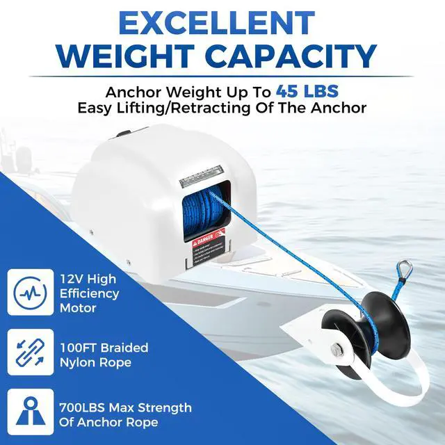 Alt view image 4 of 6 - Electric Anchor Winch, 45 LBS Electric Anchor Winch for Boat 12 Volt Motor Towing Winches Boat Winch with Wireless Remote Control and 100FT Anchor Rope, Rope Strength 700 LBS