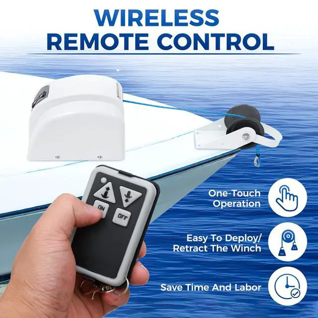Alt view image 5 of 6 - Electric Anchor Winch, 45 LBS Electric Anchor Winch for Boat 12 Volt Motor Towing Winches Boat Winch with Wireless Remote Control and 100FT Anchor Rope, Rope Strength 700 LBS