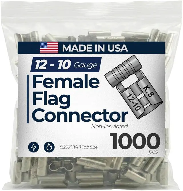 Main image of 1000 Pcs Non-Insulated Flag Quick Disconnect Electrical Wire Connector - 12-10 AWG Gauge.250 (1/4") Blade Wire Terminal Crimp Connector - Made in USA