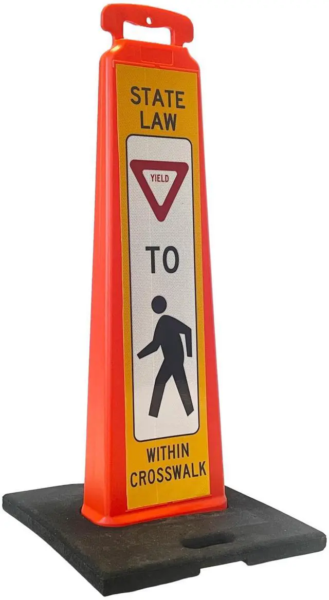 Main image of Vertical Panel Sign Kit, Double-sided, Reflective sheeting. Crossing sign for School Zones/Crosswalks. Vertical Panel & 20lb Base (Sign and base ship separately) (White on Orange, YIELD TO PEDESTRIAN)