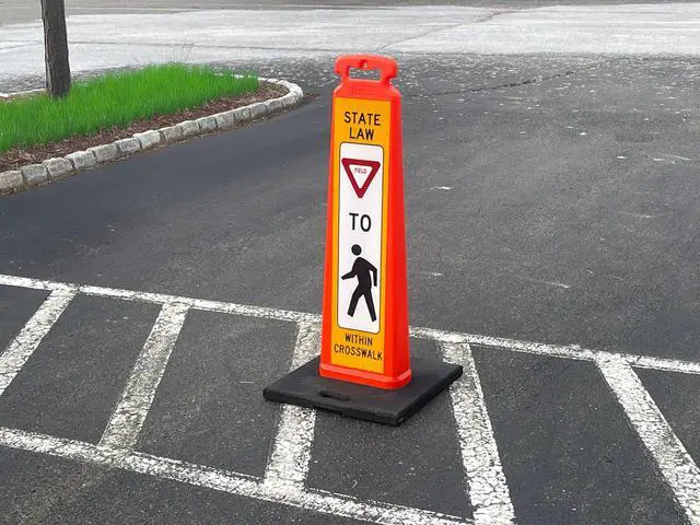 Alt view image 2 of 4 - Vertical Panel Sign Kit, Double-sided, Reflective sheeting. Crossing sign for School Zones/Crosswalks. Vertical Panel & 20lb Base (Sign and base ship separately) (White on Orange, YIELD TO PEDESTRIAN)
