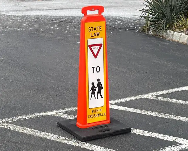 Alt view image 2 of 4 - Vertical Panel Sign Kit, Double-sided, Reflective sheeting. Crossing sign for School Zones/Crosswalks. Vertical Panel & 20lb Base (Sign and base ship separately) (White on Orange, YIELD TO PEDESTRIANS