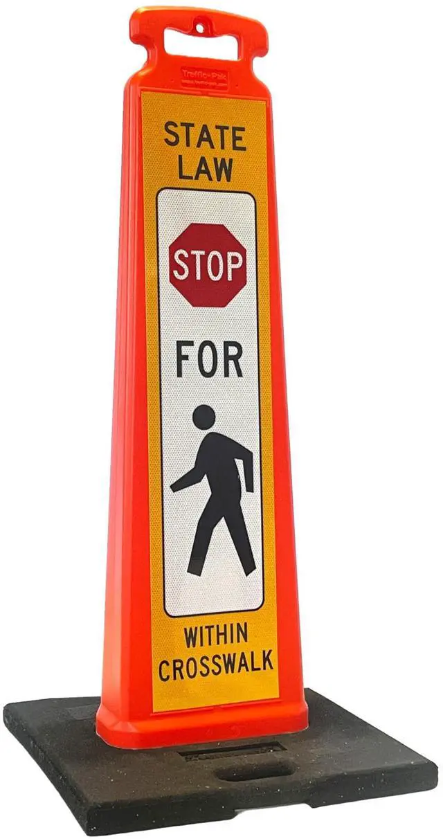 Main image of STOP FOR PEDESTRIAN Vertical Panel Sign Kit, Double-sided, Reflective sheeting. Crossing sign for School Zones/Crosswalks. STOP FOR PEDESTRIAN Vertical Panel & 20lb Base (Sign and base ship separately