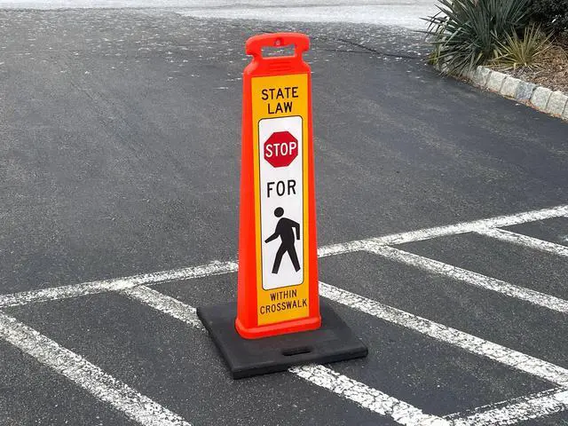 Alt view image 2 of 4 - STOP FOR PEDESTRIAN Vertical Panel Sign Kit, Double-sided, Reflective sheeting. Crossing sign for School Zones/Crosswalks. STOP FOR PEDESTRIAN Vertical Panel & 20lb Base (Sign and base ship separately
