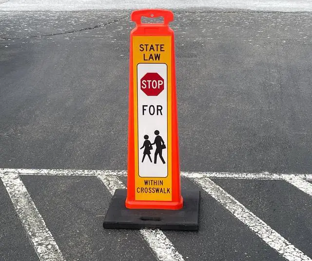 Alt view image 2 of 4 - Vertical Panel Sign Kit, Double-sided, Reflective sheeting. Crossing sign for School Zones/Crosswalks. Vertical Panel & 20lb Base (Sign and base ship separately) (White on Orange, STOP FOR PEDESTRIANS