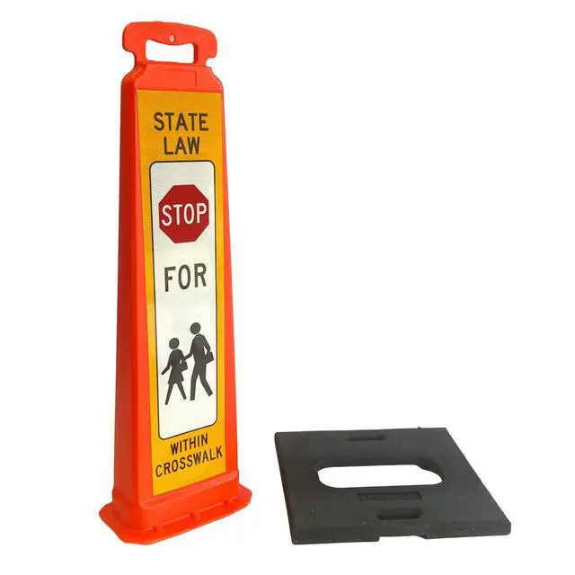 Alt view image 3 of 4 - Vertical Panel Sign Kit, Double-sided, Reflective sheeting. Crossing sign for School Zones/Crosswalks. Vertical Panel & 20lb Base (Sign and base ship separately) (White on Orange, STOP FOR PEDESTRIANS