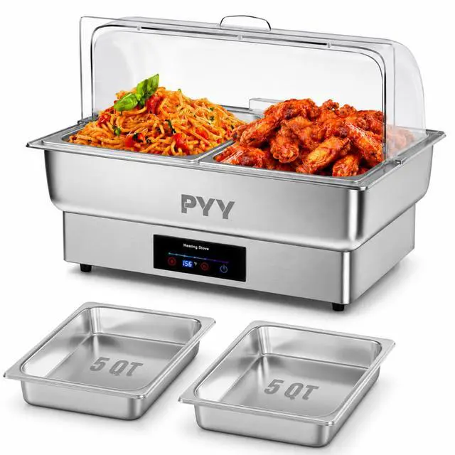 Main image of Electric Chafing Dish for Buffet, 400W Stainless Steel Buffet Server and Warmer with Digital Touch Control, Clear Roll-Top Lid and 2 Half-Size Food Pans for Catering and Buffets