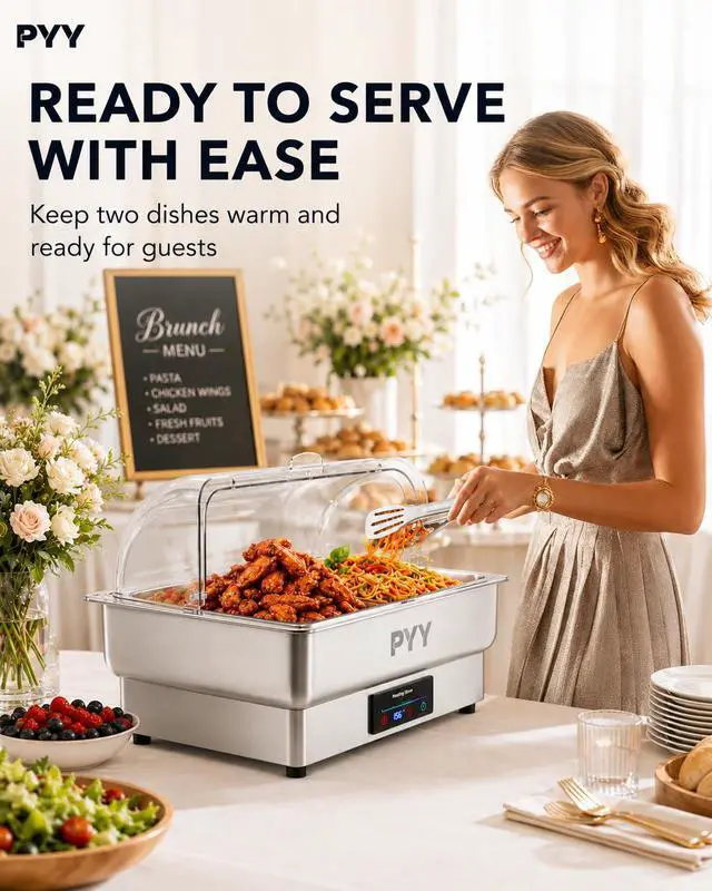 Alt view image 2 of 6 - Electric Chafing Dish for Buffet, 400W Stainless Steel Buffet Server and Warmer with Digital Touch Control, Clear Roll-Top Lid and 2 Half-Size Food Pans for Catering and Buffets