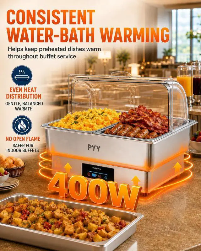 Alt view image 3 of 6 - Electric Chafing Dish for Buffet, 400W Stainless Steel Buffet Server and Warmer with Digital Touch Control, Clear Roll-Top Lid and 2 Half-Size Food Pans for Catering and Buffets