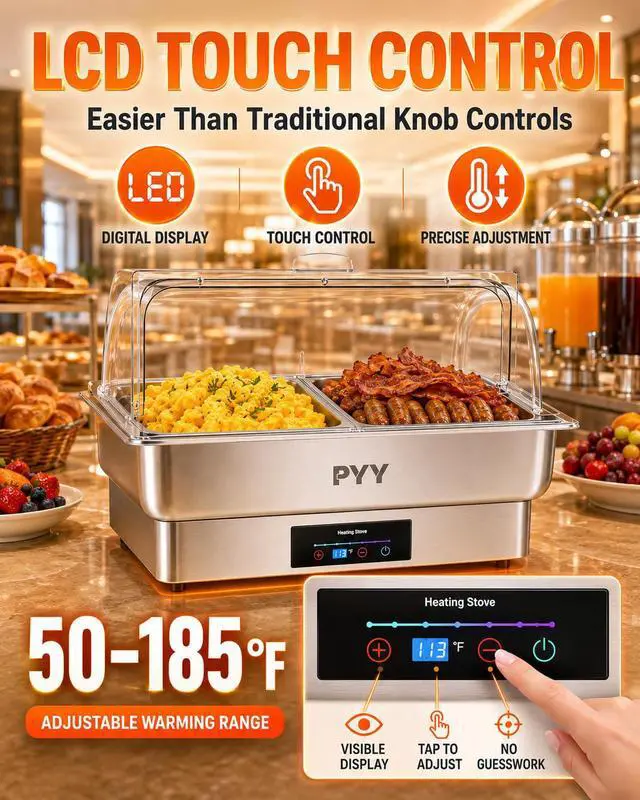 Alt view image 4 of 6 - Electric Chafing Dish for Buffet, 400W Stainless Steel Buffet Server and Warmer with Digital Touch Control, Clear Roll-Top Lid and 2 Half-Size Food Pans for Catering and Buffets