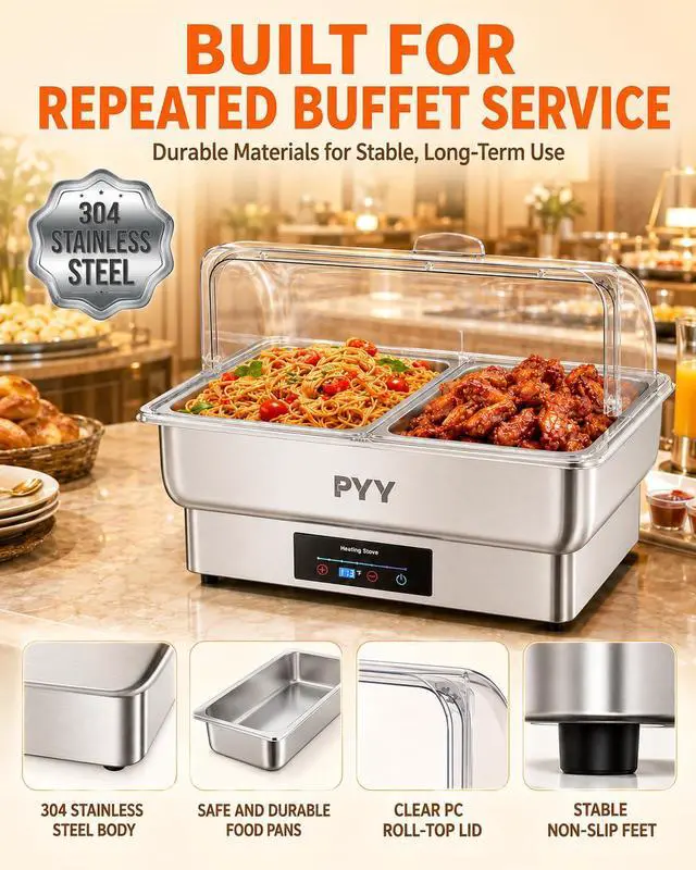 Alt view image 5 of 6 - Electric Chafing Dish for Buffet, 400W Stainless Steel Buffet Server and Warmer with Digital Touch Control, Clear Roll-Top Lid and 2 Half-Size Food Pans for Catering and Buffets