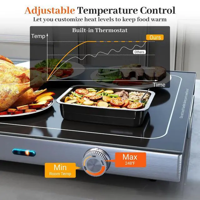 Alt view image 2 of 6 - Electric Warming Tray with Adjustable Temperature & Built-in Handles, Tempered Glass Top Food Warmer with Thermostat for Buffets, Parties and Events, 3