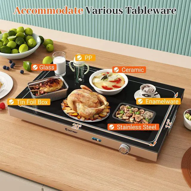 Alt view image 4 of 6 - Electric Warming Tray with Adjustable Temperature & Built-in Handles, Tempered Glass Top Food Warmer with Thermostat for Buffets, Parties and Events, 3