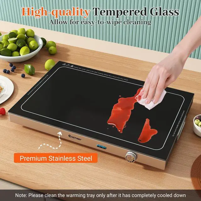 Alt view image 5 of 6 - Electric Warming Tray with Adjustable Temperature & Built-in Handles, Tempered Glass Top Food Warmer with Thermostat for Buffets, Parties and Events, 3