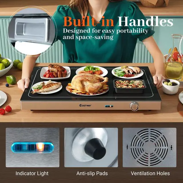 Alt view image 6 of 6 - Electric Warming Tray with Adjustable Temperature & Built-in Handles, Tempered Glass Top Food Warmer with Thermostat for Buffets, Parties and Events, 3