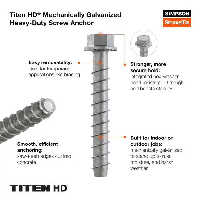 Alt view image 3 of 6 - THD50800HMG - 1/2 Inch x 8 Inch Flanged Hex Head, Mechanically Galvanized Titen HD Heavy Duty Screw Anchor for Concrete, Easy Installation (Pack of 20)