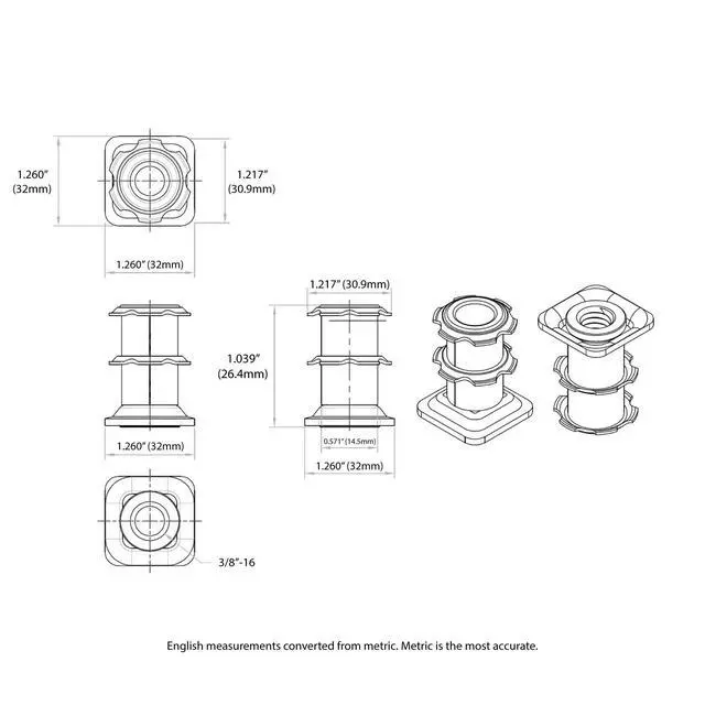 Alt view image 2 of 6 - Industries Double Star Threaded Caster Insert | Heat Treated Steel | Fits 1-1/4 Inch Square 16-18 Gauge Tube | Thread: 3/8-16 | 100 Pack