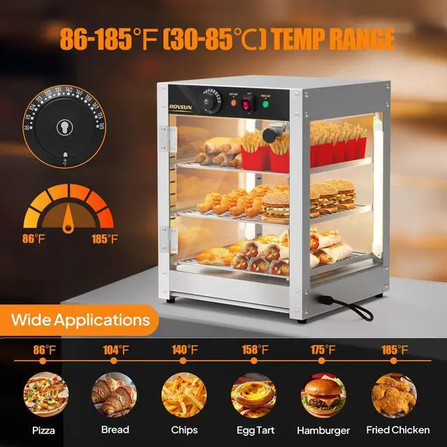 Alt view image 3 of 6 - Commercial Food Warmer Display with Tri-Colors and Adjustable Shelf, 3-Tier Electric Countertop Warmers for Hamburger, Chicken, Bread, Pizza Warmer in Restaurant, Cafe, Store 800W 86-185