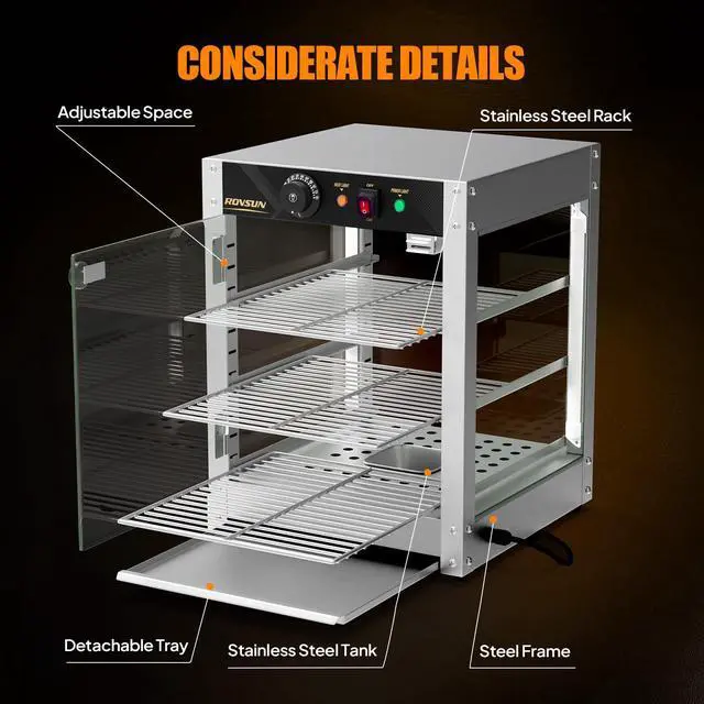 Alt view image 6 of 6 - Commercial Food Warmer Display with Tri-Colors and Adjustable Shelf, 3-Tier Electric Countertop Warmers for Hamburger, Chicken, Bread, Pizza Warmer in Restaurant, Cafe, Store 800W 86-185