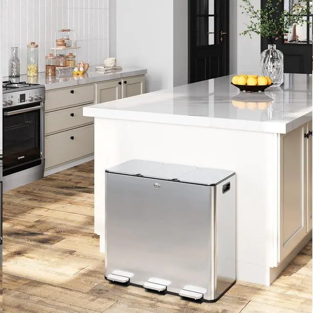 Main image of 60L/15.9 Gal Gallon Three-Compartment Pedal Stainless Steel Kitchen Recycling Trash Can with Odor Seal, Hands-Free Foot Operated Waste Bin for Home, Office, Restaurant, School, Hospital