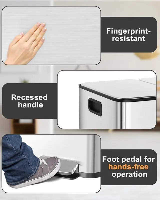 Alt view image 2 of 6 - 60L/15.9 Gal Gallon Three-Compartment Pedal Stainless Steel Kitchen Recycling Trash Can with Odor Seal, Hands-Free Foot Operated Waste Bin for Home, Office, Restaurant, School, Hospital