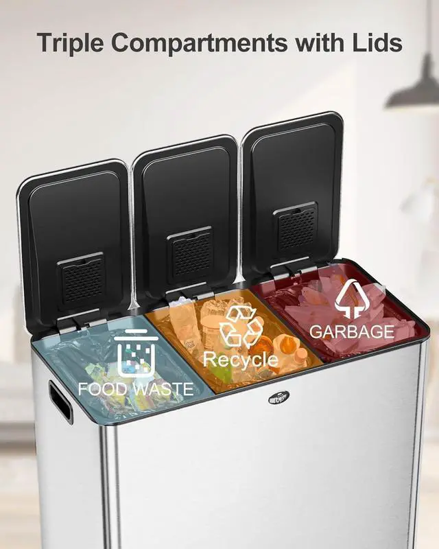 Alt view image 3 of 6 - 60L/15.9 Gal Gallon Three-Compartment Pedal Stainless Steel Kitchen Recycling Trash Can with Odor Seal, Hands-Free Foot Operated Waste Bin for Home, Office, Restaurant, School, Hospital