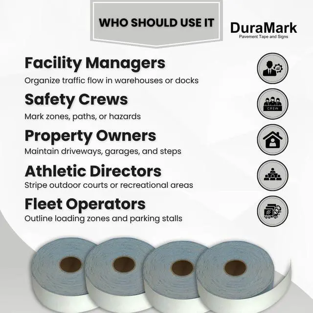 Alt view image 5 of 6 - DuraMark White Outdoor Pavement Marking Tape, Flexible Polymer Rubber Base for Asphalt & Concrete Surfaces (4 Inch x 150 Feet)