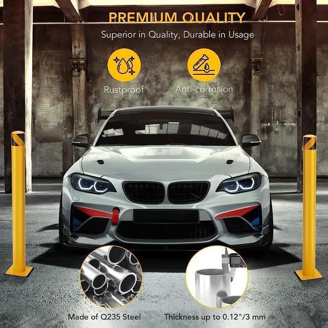 Alt view image 4 of 6 - Safety Bollard 6 Packs, 42 in Height Bollard Post, 4.5 in Diameter, Yellow Safety Steel Bollard Post with 24 Anchor Bolts, for Traffic Control, Driveway Barrier, Parking Pole