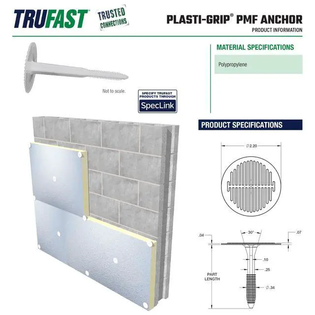 Alt view image 2 of 6 - TruFast 4.5" PMF Fastener (250 EA) White Plastic Heavy-Duty Insulation Anchors for Securing on Masonry, Brick, Concrete, and Stone Walls
