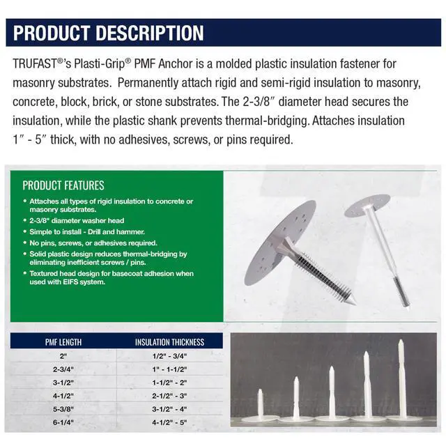 Alt view image 3 of 6 - TruFast 4.5" PMF Fastener (250 EA) White Plastic Heavy-Duty Insulation Anchors for Securing on Masonry, Brick, Concrete, and Stone Walls