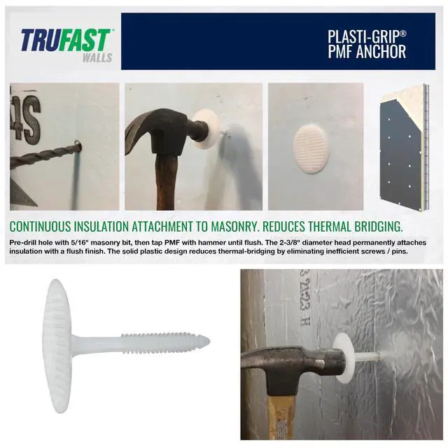 Alt view image 4 of 6 - TruFast 4.5" PMF Fastener (250 EA) White Plastic Heavy-Duty Insulation Anchors for Securing on Masonry, Brick, Concrete, and Stone Walls