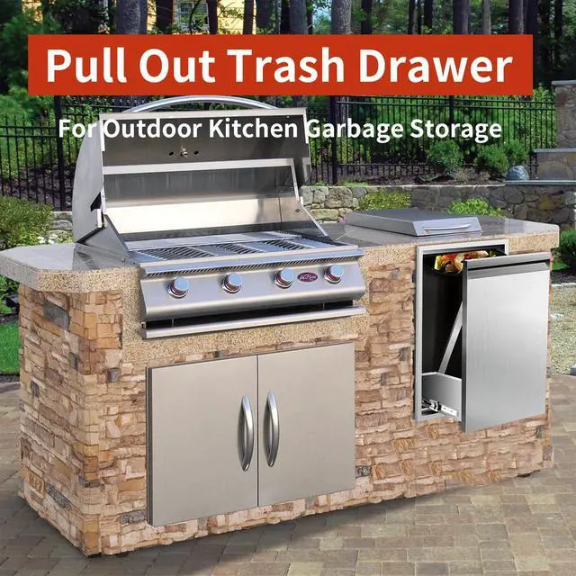 Alt view image 2 of 6 - Pull Out Trash Drawer 19" Wx27 Hx16 D Built-in Single Trash Drawer Stainless Steel Trash Bin for BBQ Island Grill