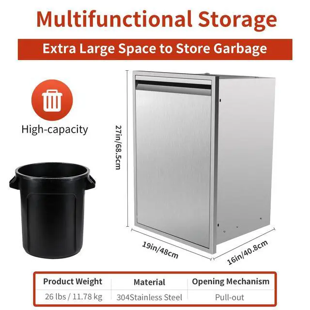 Alt view image 6 of 6 - Pull Out Trash Drawer 19" Wx27 Hx16 D Built-in Single Trash Drawer Stainless Steel Trash Bin for BBQ Island Grill