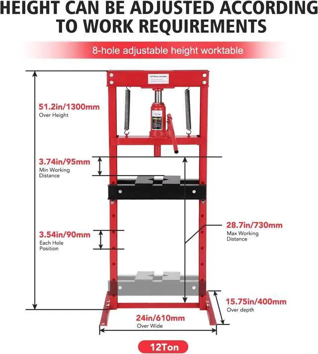 Alt view image 2 of 6 - 12 Ton h-Frame Hydraulic Shop Press, Heavy Duty Floor Type Press with Adjustable Press Plates for Bending, Straightening, Bearing Removal & Professional Automotive Repair