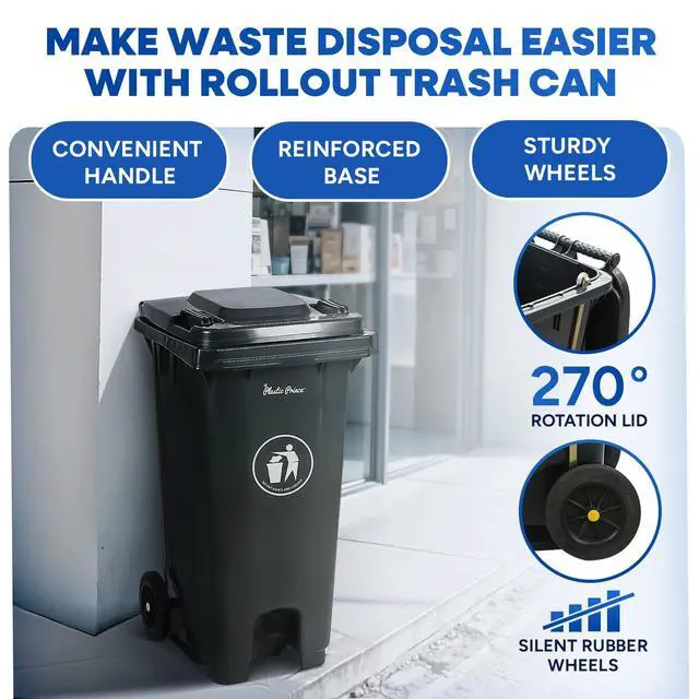 Alt view image 2 of 6 - 32 Gallon Step-On Large Outdoor Trash Can with Lid and Wheels - Outside Plastic Rolling Garbage Can - Rollout Commercial Heavy-Duty Container Barrel, Gray