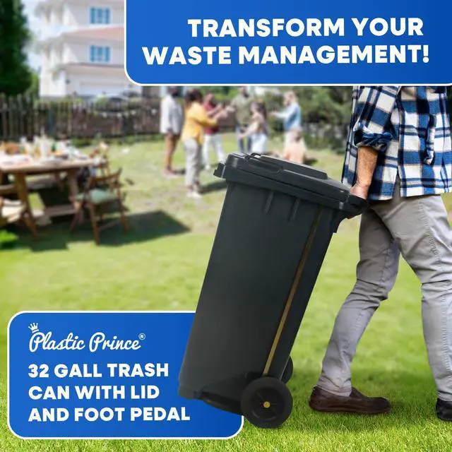 Alt view image 3 of 6 - 32 Gallon Step-On Large Outdoor Trash Can with Lid and Wheels - Outside Plastic Rolling Garbage Can - Rollout Commercial Heavy-Duty Container Barrel, Gray
